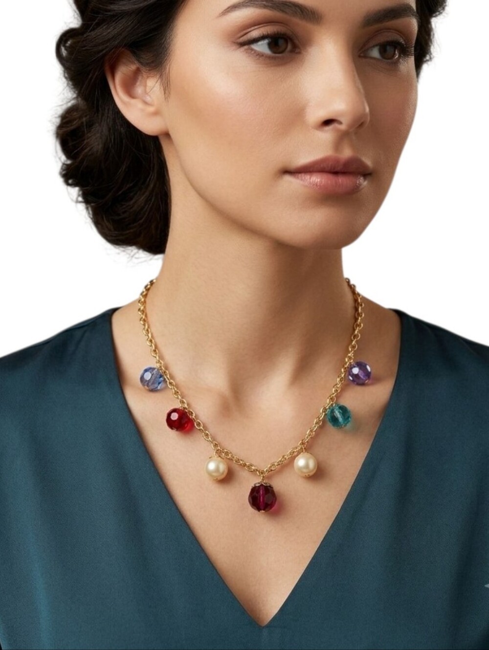 Gold-Tone Textured Oval Link Chain Multi-Color Beads Faux Pearls Necklace